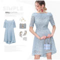 Flower Lace off-Shoulder Light Blue Half Sleeve Women′s Dress